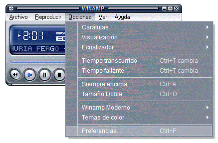 Acceso a preferencias de Winamp